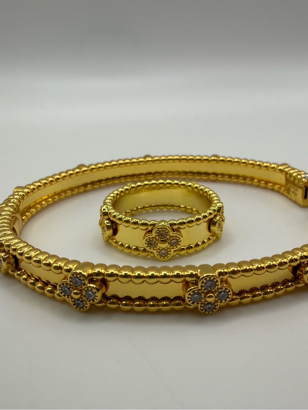 Gold Tone Floral-Detail Bracelet and Ring Set - Luxe Gold Finish